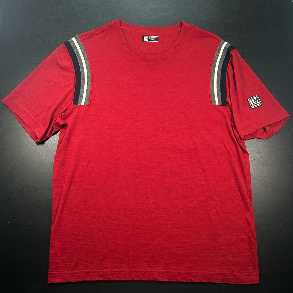 Z ZEGNA TECHMERINO 100% Wool T-Shirt Size M Red Black Grey White Shoulders Patch